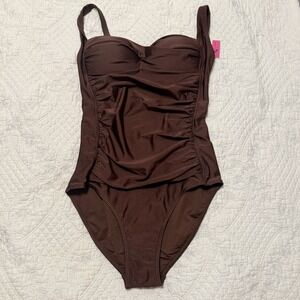 Betsey Johnson Brown Ruched Built-in Bra Bandeau 1-Pc Swimsuit NWT $128 Size M